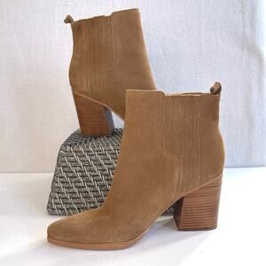 Marc Fisher Alva Camel Tan Suede Pointed Toe Block Heel Bootie Size 11